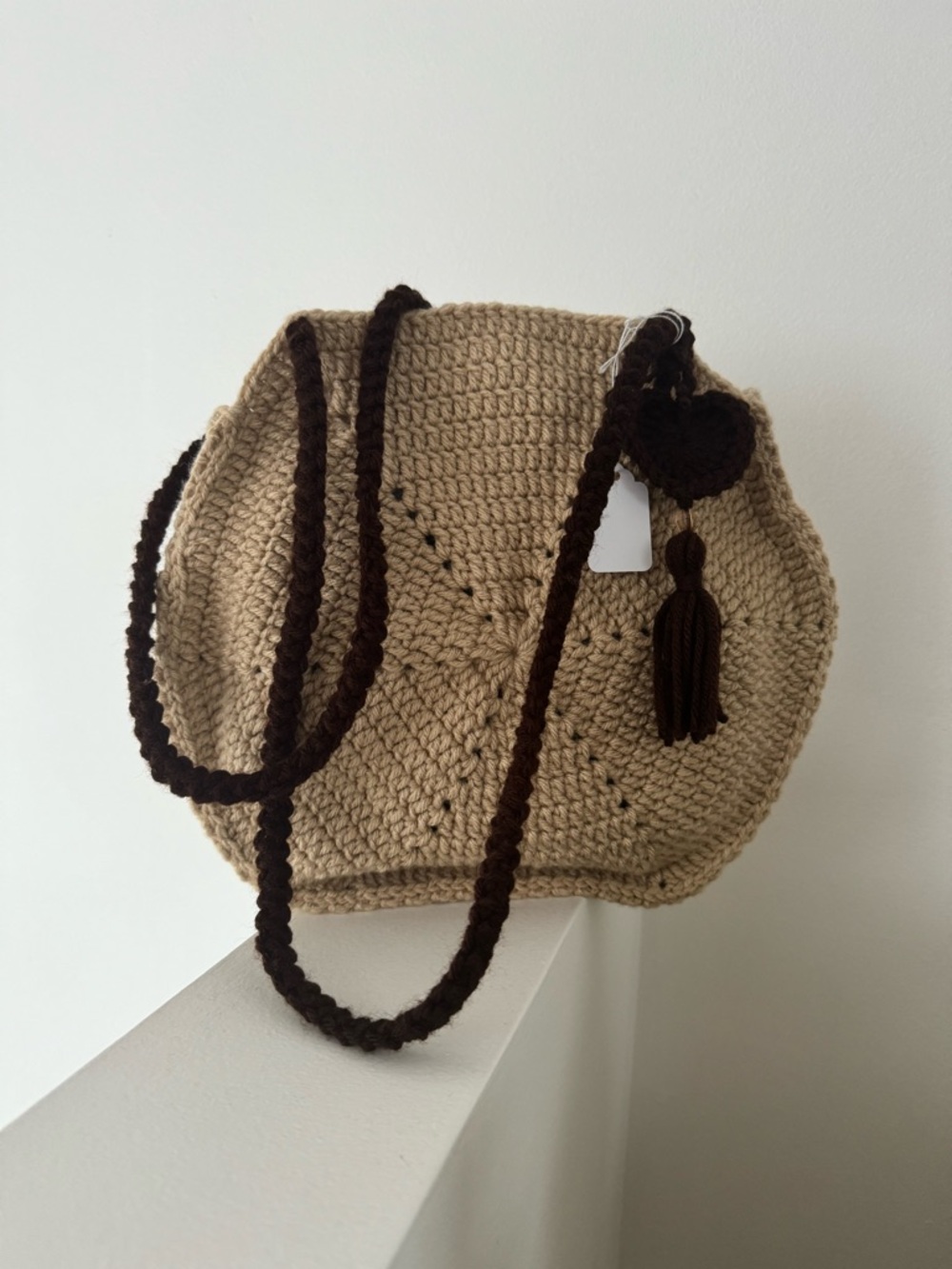 Handmade Beige Crochet Shoulder Bag with Dark Brown Accents